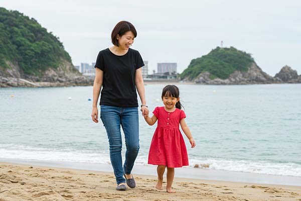 海辺を散歩する母娘のイメージ画像