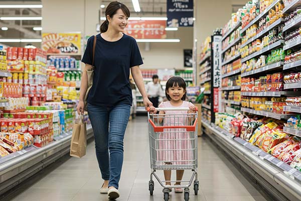 スーパーで買い物をする母娘のイメージ画像